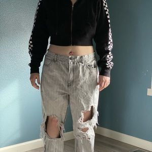 Gray striped denim mom jeans